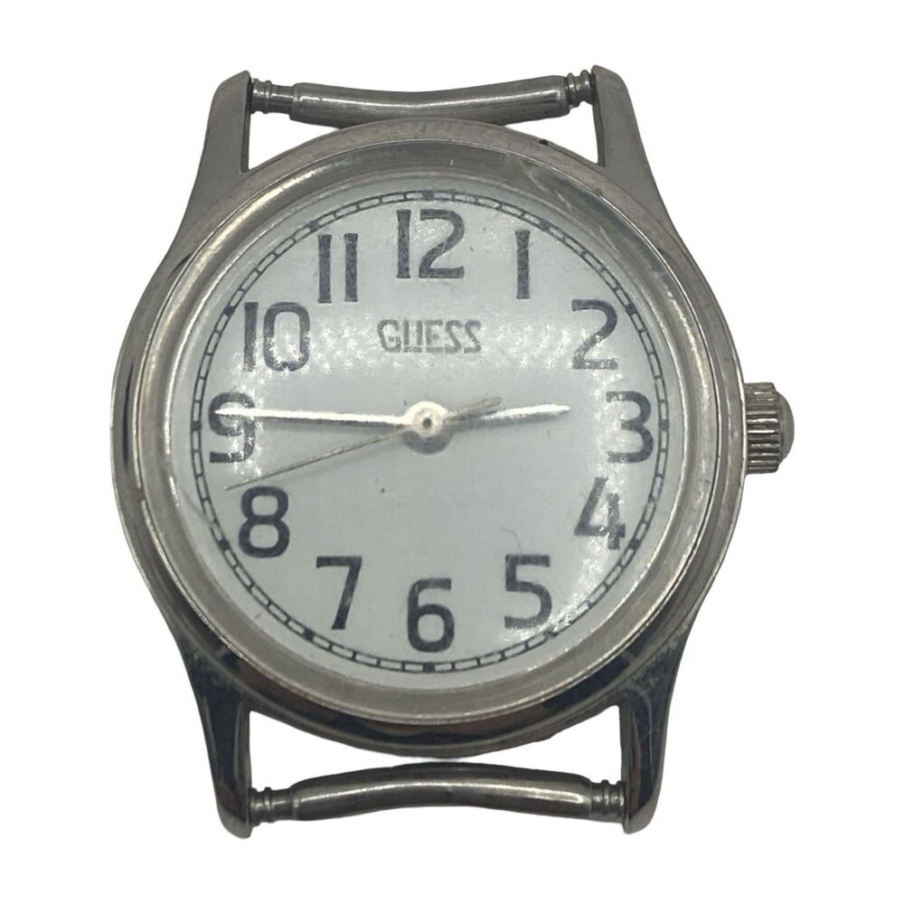 Vintage 1990 Guess Quartz Women's Watch Silver Tone White Dial Needs Battery